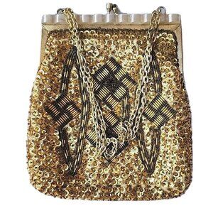 VTG Fine Art's Bag Golden Beaded Seqiuned Kisslock Gatsby Style Evening Purse